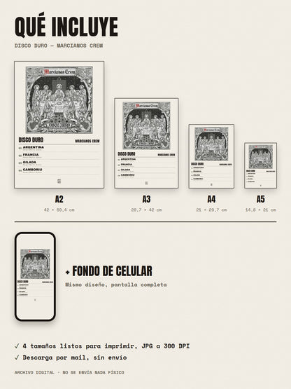 Qué incluye el póster de Disco Duro de Marcianos Crew: A2, A3, A4, A5 y fondo de celular