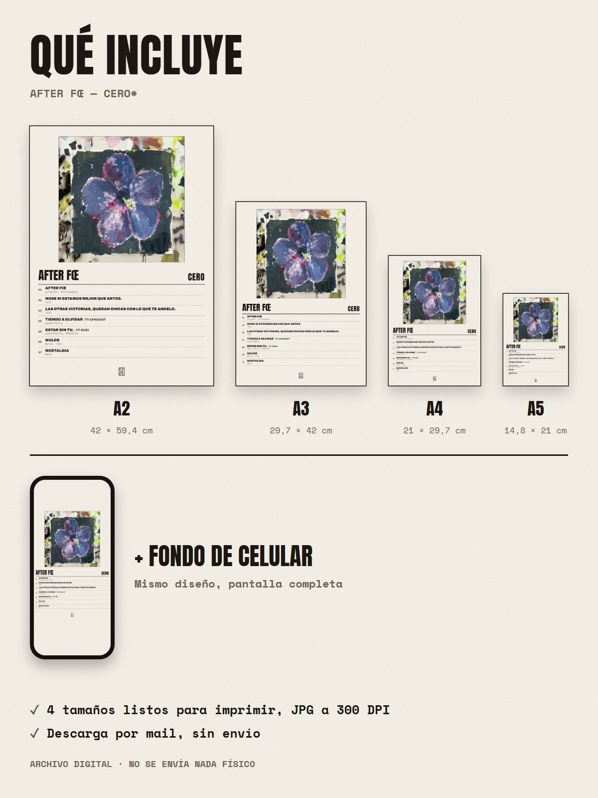 Qué incluye el póster de after fœ de cero*: A2, A3, A4, A5 y fondo de celular