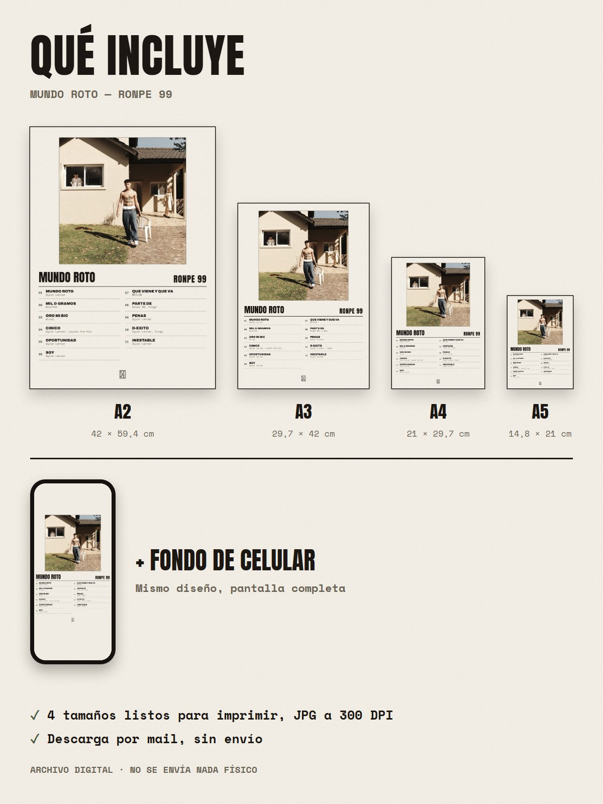 Qué incluye el póster de MUNDO ROTO de Ronpe 99: A2, A3, A4, A5 y fondo de celular