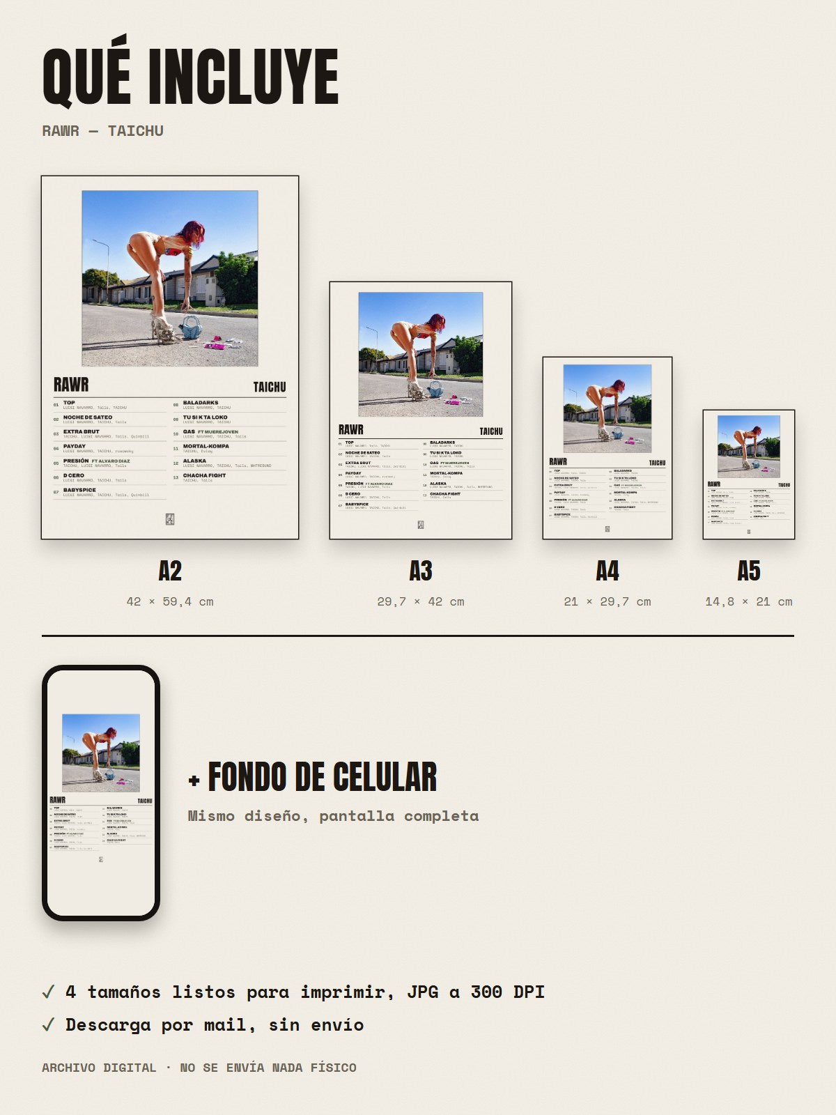 Qué incluye el póster de RAWR de TAICHU: A2, A3, A4, A5 y fondo de celular