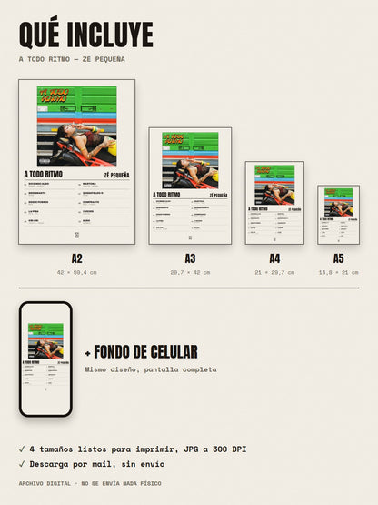 Qué incluye el póster de A Todo Ritmo de Zé Pequeña: A2, A3, A4, A5 y fondo de celular
