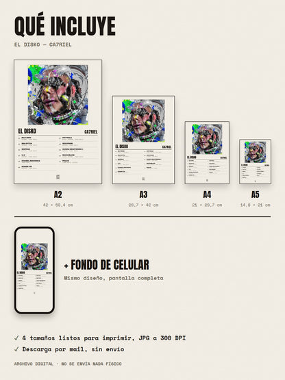 Qué incluye el póster de EL DISKO de CA7RIEL: A2, A3, A4, A5 y fondo de celular
