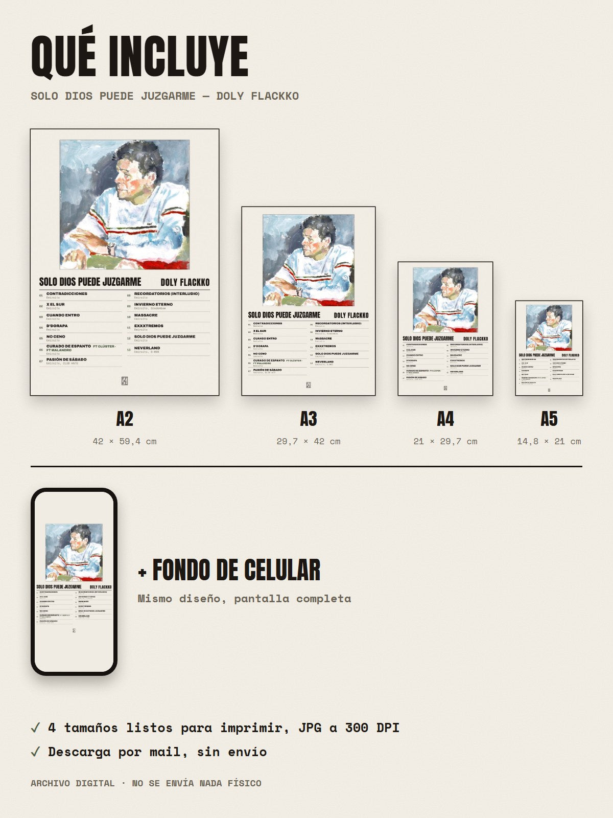 Qué incluye el póster de Solo Dios Puede Juzgarme de Doly Flackko: A2, A3, A4, A5 y fondo de celular