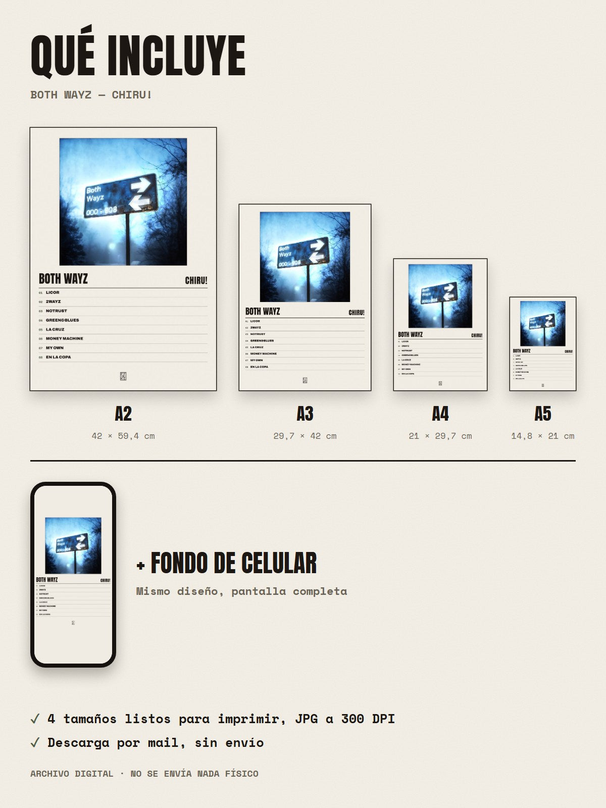 Qué incluye el póster de BOTH WAYZ de Chiru!: A2, A3, A4, A5 y fondo de celular