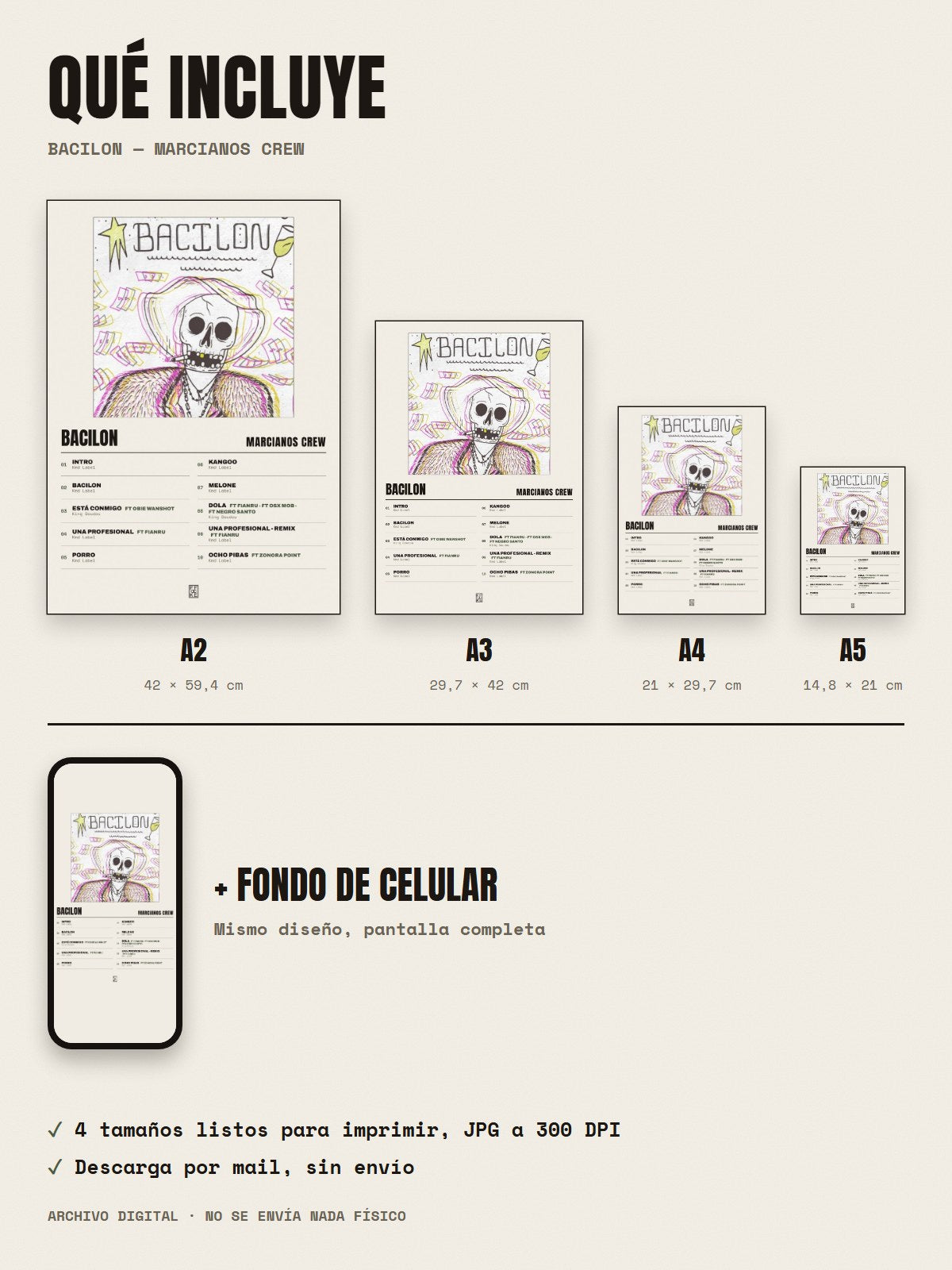 Qué incluye el póster de Bacilon de Marcianos Crew: A2, A3, A4, A5 y fondo de celular