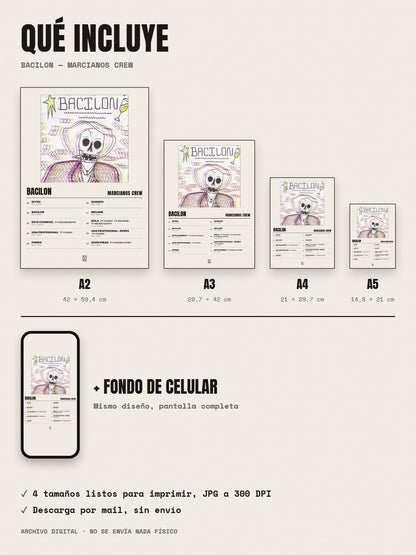 Qué incluye el póster de Bacilon de Marcianos Crew: A2, A3, A4, A5 y fondo de celular