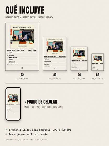 Qué incluye el póster de Bright Days / Rainy Days de Broke Carrey: A2, A3, A4, A5 y fondo de celular