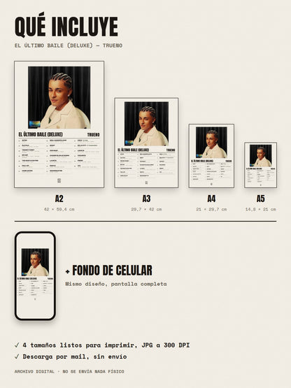 Qué incluye el póster de EL ÚLTIMO BAILE (DELUXE) de Trueno: A2, A3, A4, A5 y fondo de celular