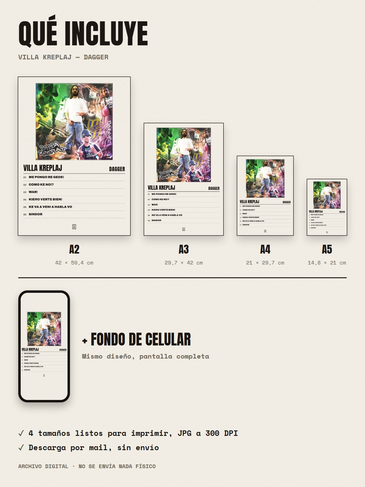 Qué incluye el póster de VILLA KREPLAJ de Dagger: A2, A3, A4, A5 y fondo de celular
