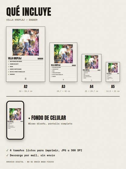 Qué incluye el póster de VILLA KREPLAJ de Dagger: A2, A3, A4, A5 y fondo de celular