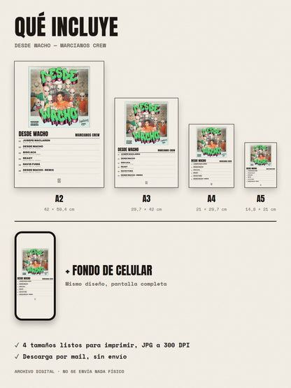 Qué incluye el póster de Desde Wacho de Marcianos Crew: A2, A3, A4, A5 y fondo de celular