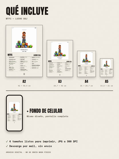 Qué incluye el póster de MTFC de Lucho SSJ: A2, A3, A4, A5 y fondo de celular