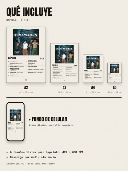 Qué incluye el póster de Cápsula de C.R.O: A2, A3, A4, A5 y fondo de celular