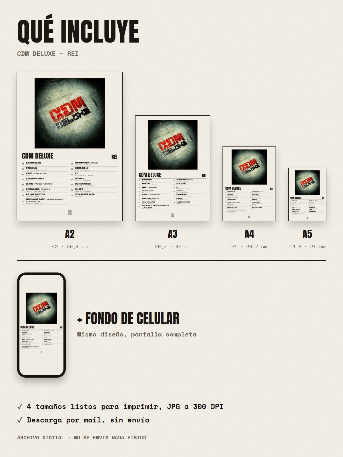 Qué incluye el póster de CDM Deluxe de Rei: A2, A3, A4, A5 y fondo de celular