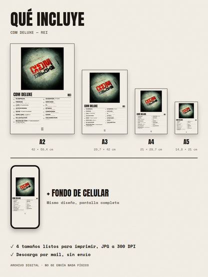 Qué incluye el póster de CDM Deluxe de Rei: A2, A3, A4, A5 y fondo de celular