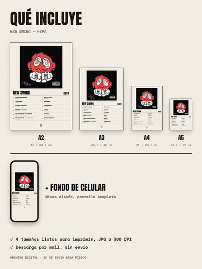 Qué incluye el póster de New Swing de Hepa: A2, A3, A4, A5 y fondo de celular