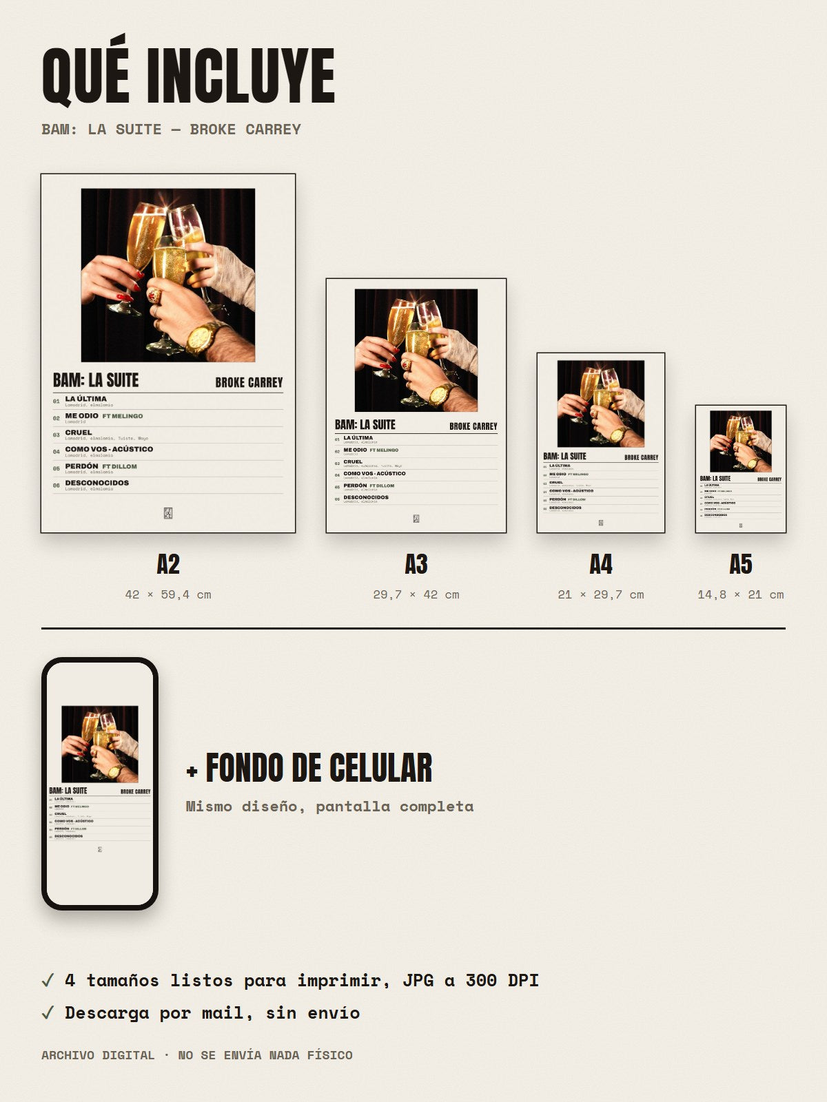 Qué incluye el póster de BAM: LA SUITE de Broke Carrey: A2, A3, A4, A5 y fondo de celular