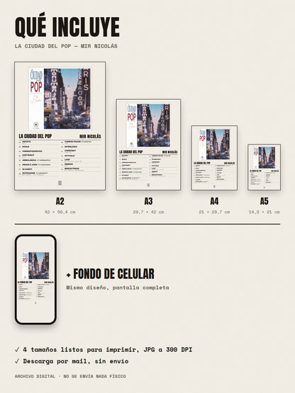 Qué incluye el póster de La Ciudad del Pop de Mir Nicolás: A2, A3, A4, A5 y fondo de celular
