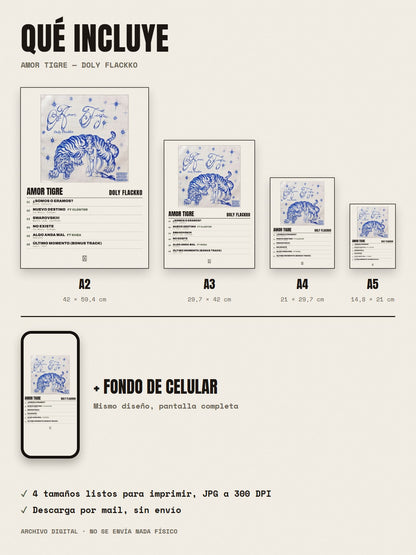 Qué incluye el póster de Amor Tigre de Doly Flackko: A2, A3, A4, A5 y fondo de celular