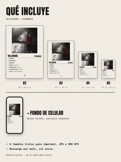 Qué incluye el póster de Hellhound de Perswave: A2, A3, A4, A5 y fondo de celular