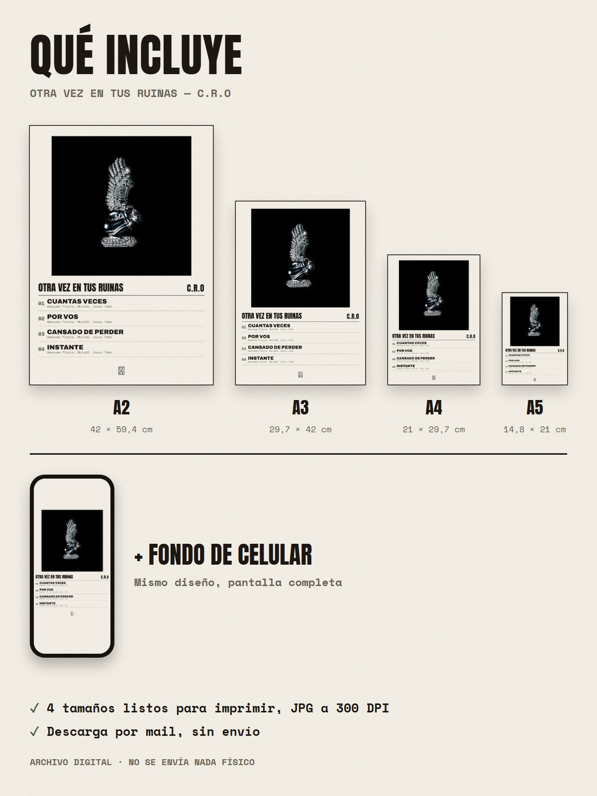 Qué incluye el póster de Otra vez en tus ruinas de C.R.O: A2, A3, A4, A5 y fondo de celular