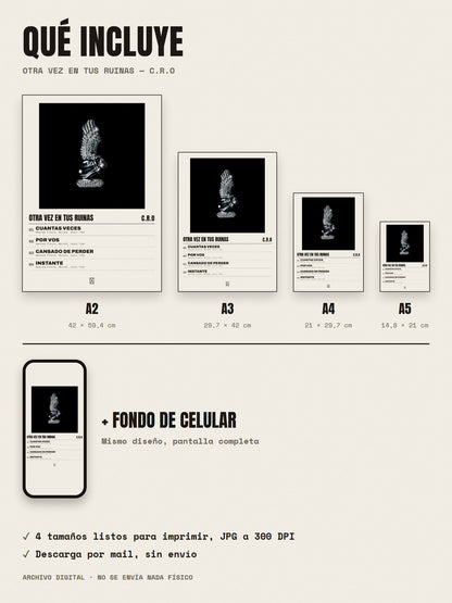 Qué incluye el póster de Otra vez en tus ruinas de C.R.O: A2, A3, A4, A5 y fondo de celular