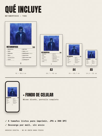 Qué incluye el póster de METAMORFOSIS de Tobi: A2, A3, A4, A5 y fondo de celular