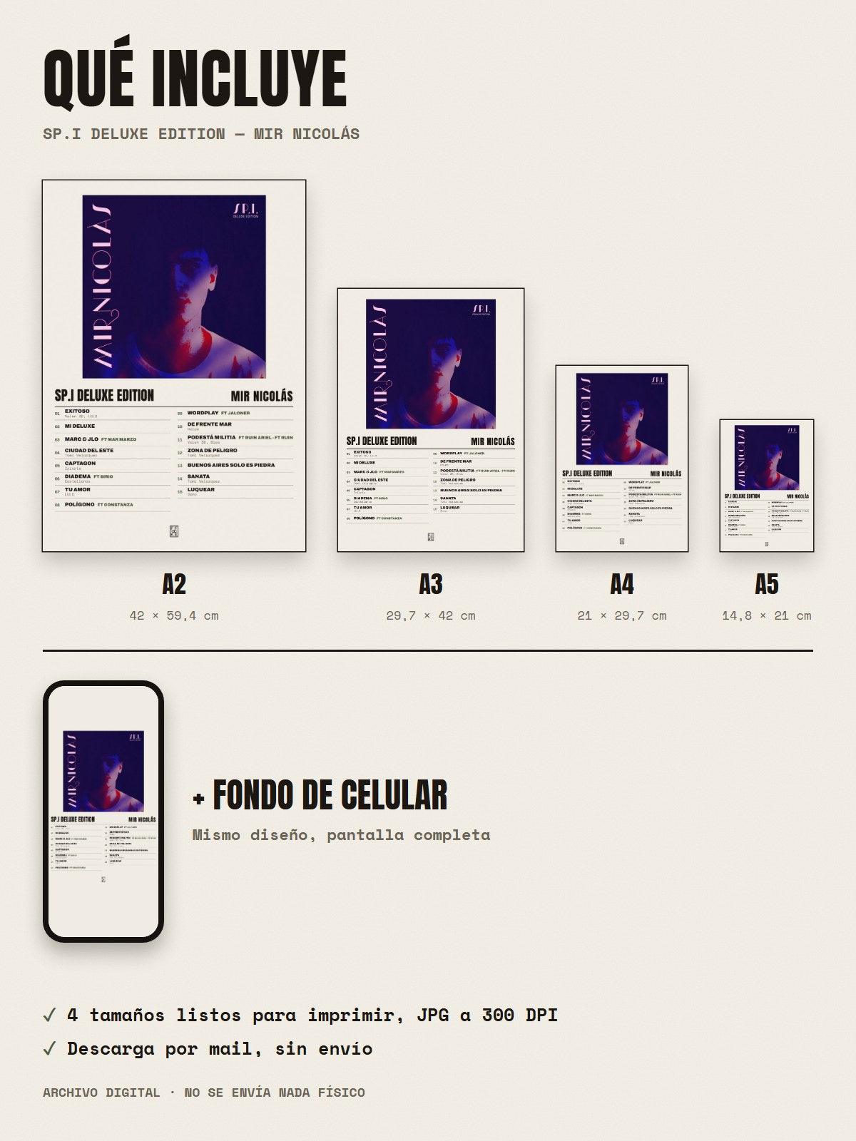 Qué incluye el póster de SP.I DELUXE EDITION de Mir Nicolás: A2, A3, A4, A5 y fondo de celular