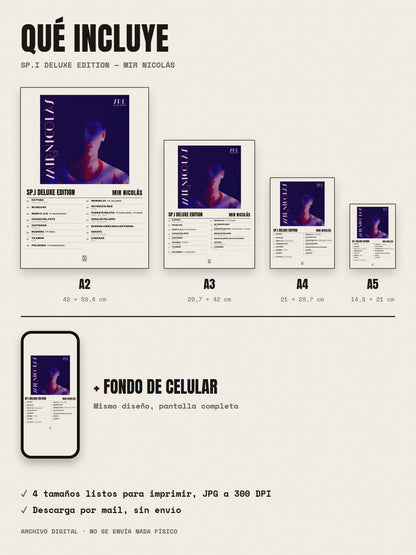 Qué incluye el póster de SP.I DELUXE EDITION de Mir Nicolás: A2, A3, A4, A5 y fondo de celular