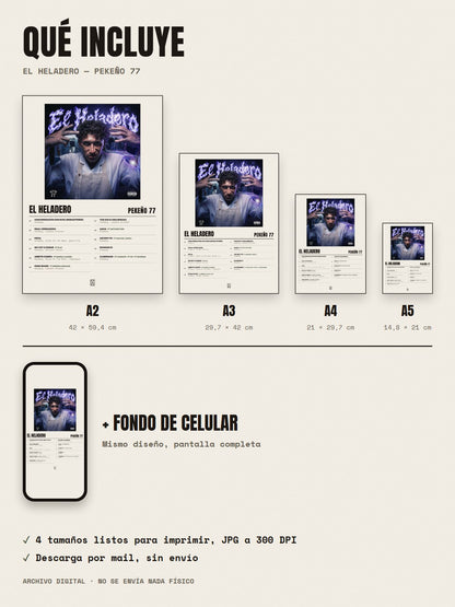 Qué incluye el póster de EL HELADERO de Pekeño 77: A2, A3, A4, A5 y fondo de celular