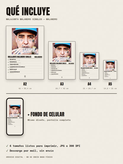 Qué incluye el póster de Malajunta Malandro Singles de Malandro: A2, A3, A4, A5 y fondo de celular