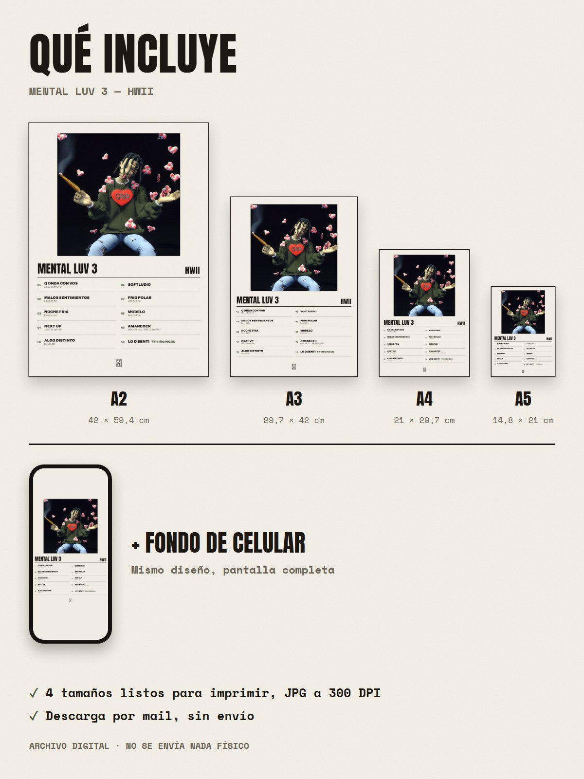 Qué incluye el póster de Mental Luv 3 de Hwii: A2, A3, A4, A5 y fondo de celular