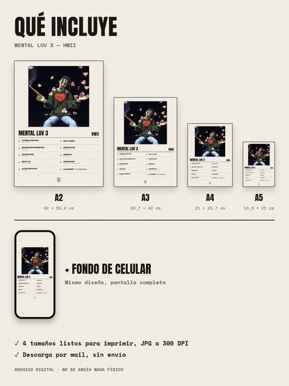 Qué incluye el póster de Mental Luv 3 de Hwii: A2, A3, A4, A5 y fondo de celular