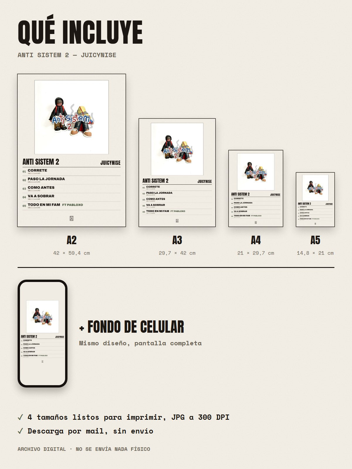 Qué incluye el póster de Anti Sistem 2 de JuicyNise: A2, A3, A4, A5 y fondo de celular
