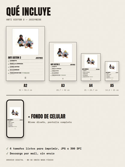 Qué incluye el póster de Anti Sistem 2 de JuicyNise: A2, A3, A4, A5 y fondo de celular
