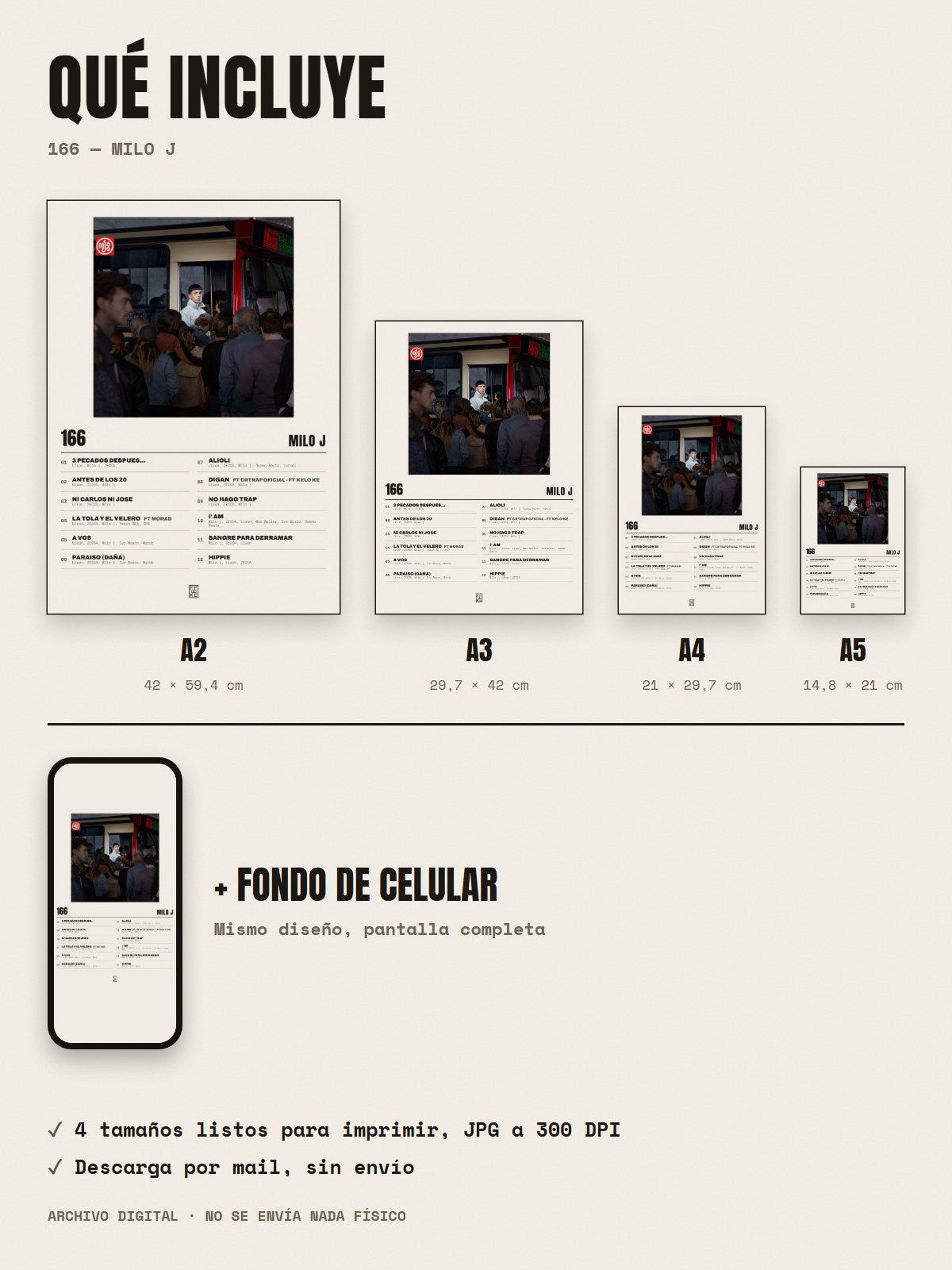 Qué incluye el póster de 166 de Milo j: A2, A3, A4, A5 y fondo de celular