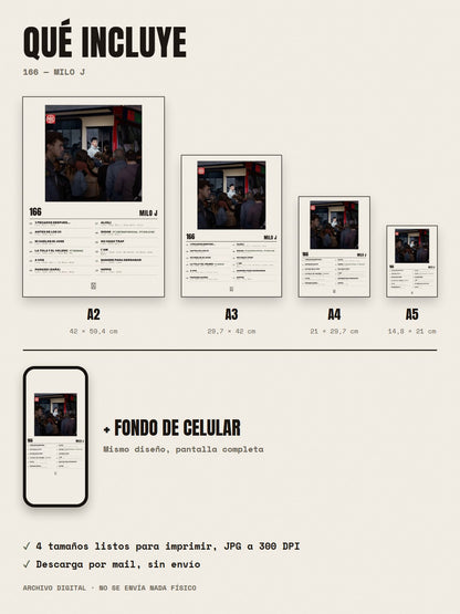 Qué incluye el póster de 166 de Milo j: A2, A3, A4, A5 y fondo de celular