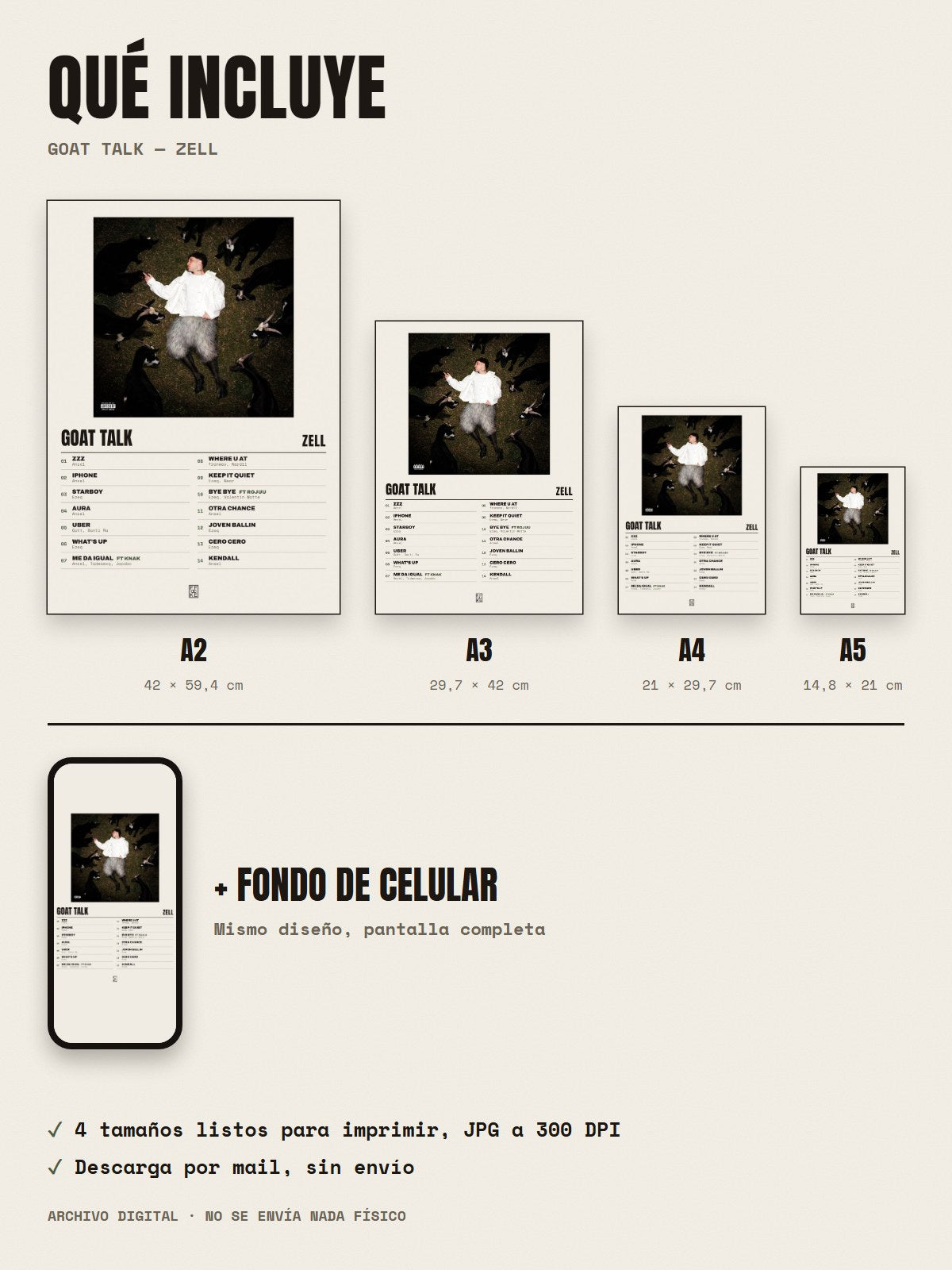 Qué incluye el póster de GOAT TALK de Zell: A2, A3, A4, A5 y fondo de celular