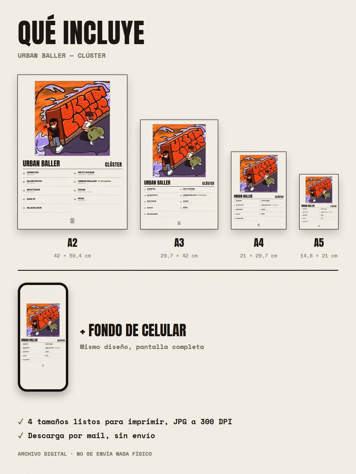 Qué incluye el póster de Urban Baller de Clúster: A2, A3, A4, A5 y fondo de celular