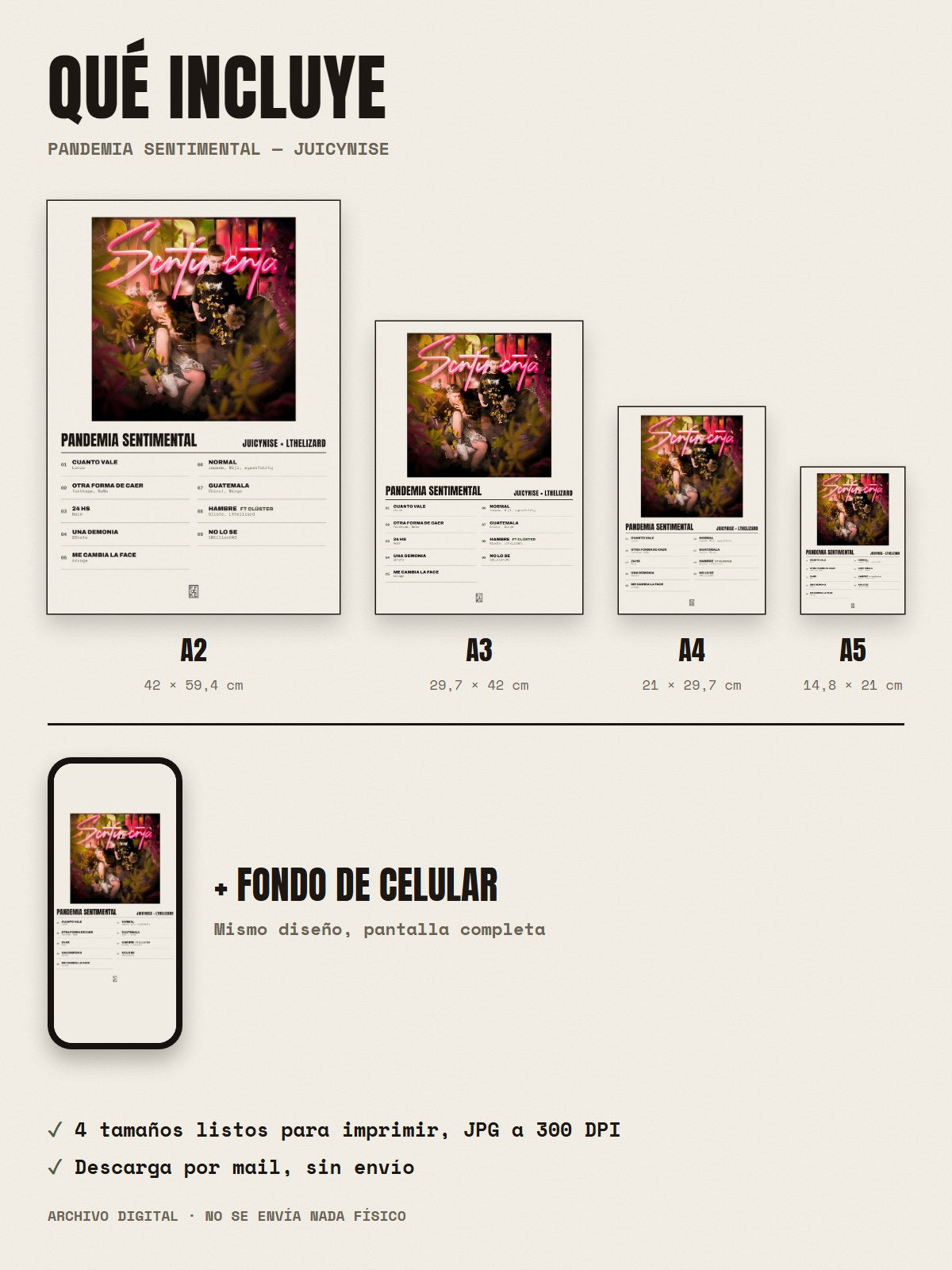 Qué incluye el póster de Pandemia Sentimental de JuicyNise × Lthelizard: A2, A3, A4, A5 y fondo de celular