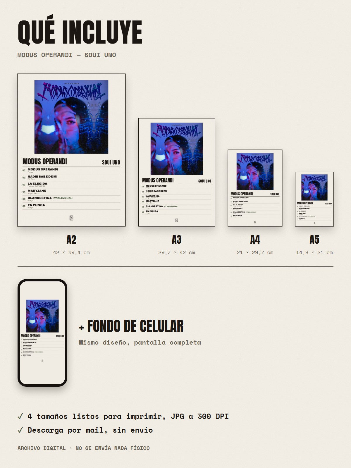 Qué incluye el póster de Modus Operandi de Soui Uno: A2, A3, A4, A5 y fondo de celular
