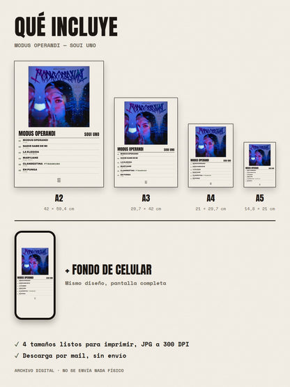 Qué incluye el póster de Modus Operandi de Soui Uno: A2, A3, A4, A5 y fondo de celular
