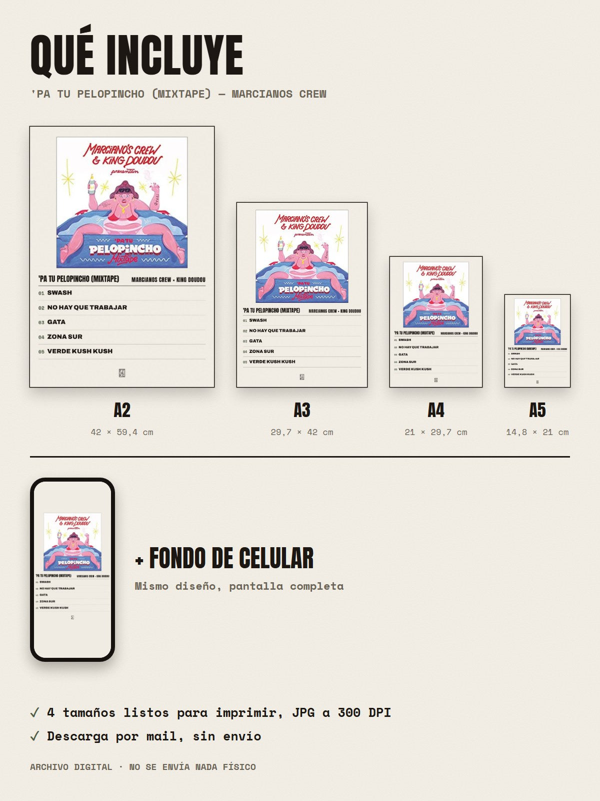 Qué incluye el póster de 'Pa Tu Pelopincho (Mixtape) de Marcianos Crew × King Doudou: A2, A3, A4, A5 y fondo de celular