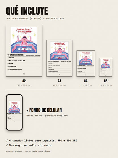 Qué incluye el póster de 'Pa Tu Pelopincho (Mixtape) de Marcianos Crew × King Doudou: A2, A3, A4, A5 y fondo de celular