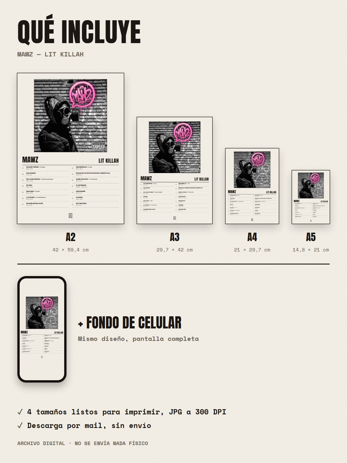 Qué incluye el póster de MAWZ de LIT killah: A2, A3, A4, A5 y fondo de celular