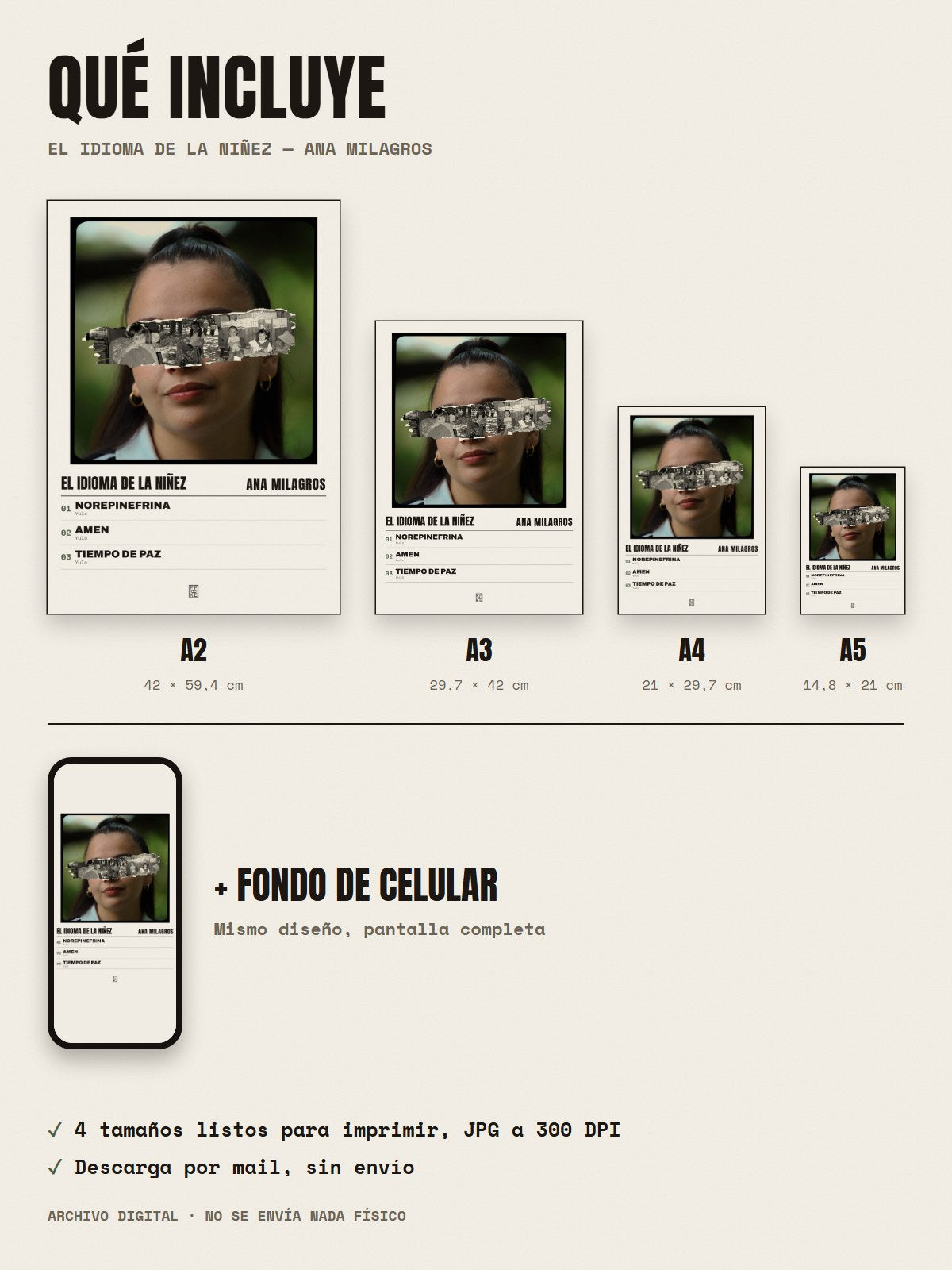 Qué incluye el póster de EL IDIOMA DE LA NIÑEZ de Ana Milagros: A2, A3, A4, A5 y fondo de celular