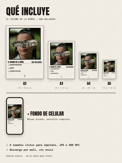 Qué incluye el póster de EL IDIOMA DE LA NIÑEZ de Ana Milagros: A2, A3, A4, A5 y fondo de celular
