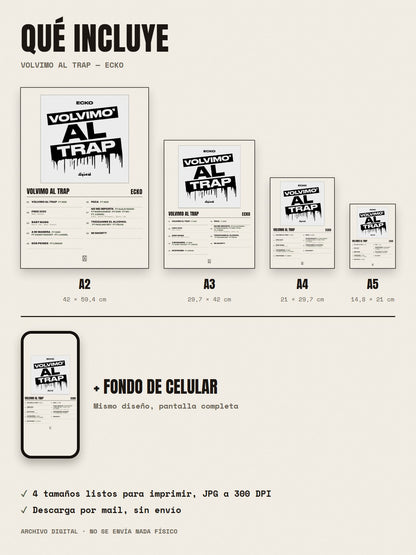 Qué incluye el póster de VOLVIMO AL TRAP de ECKO: A2, A3, A4, A5 y fondo de celular