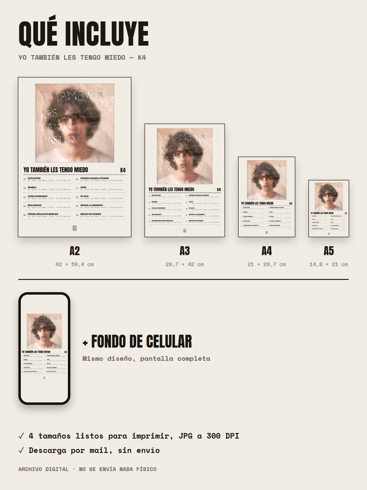 Qué incluye el póster de yo también les tengo miedo de K4: A2, A3, A4, A5 y fondo de celular