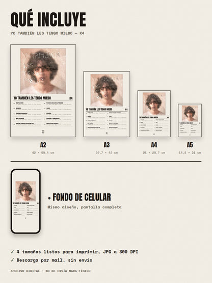 Qué incluye el póster de yo también les tengo miedo de K4: A2, A3, A4, A5 y fondo de celular